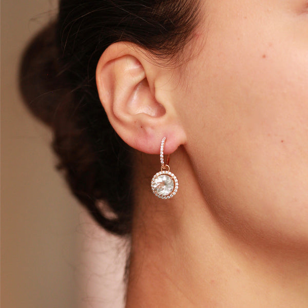 Rose Gold White Topaz & Diamond Halo Earrings