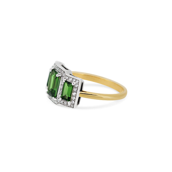 Tsavorite Trilogy with Diamond Halo Ring