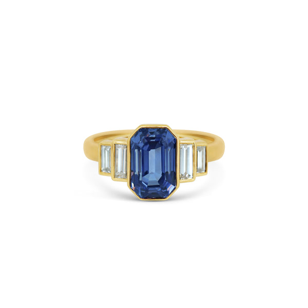 Cornflower Blue Sapphire and Baguette Diamond Ring