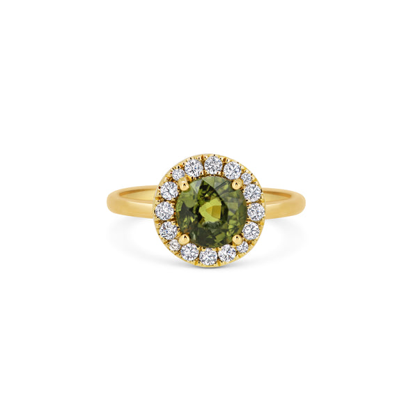 Green Sapphire & Diamond Halo Ring
