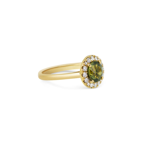 Green Sapphire & Diamond Halo Ring