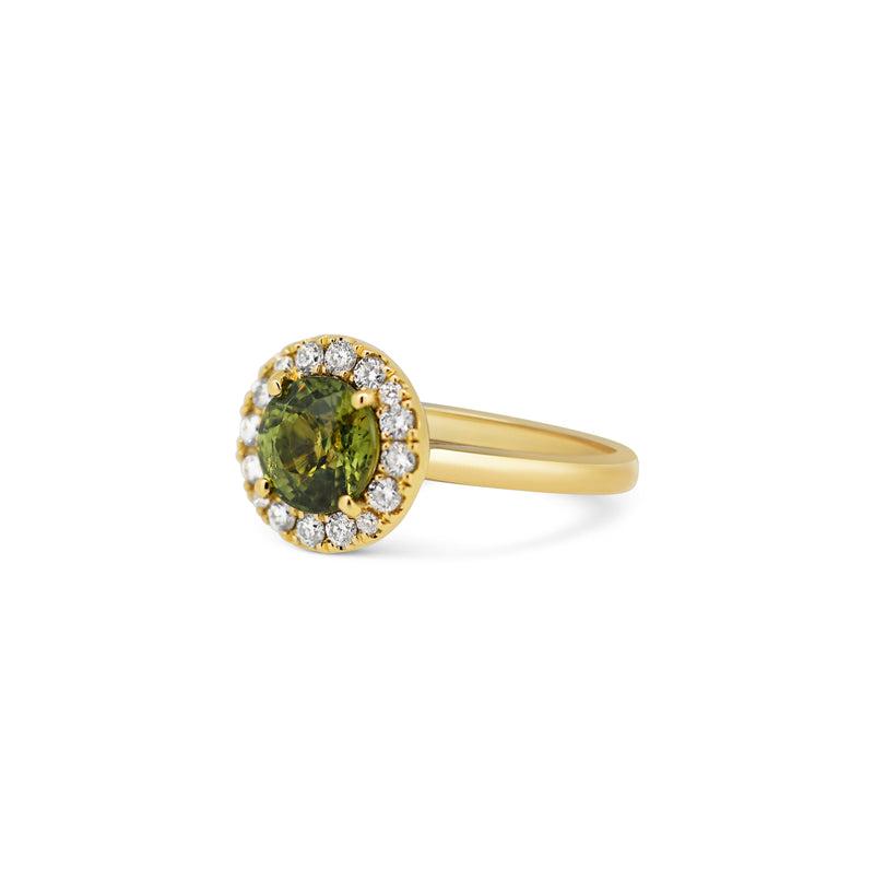 Green Sapphire & Diamond Halo Ring