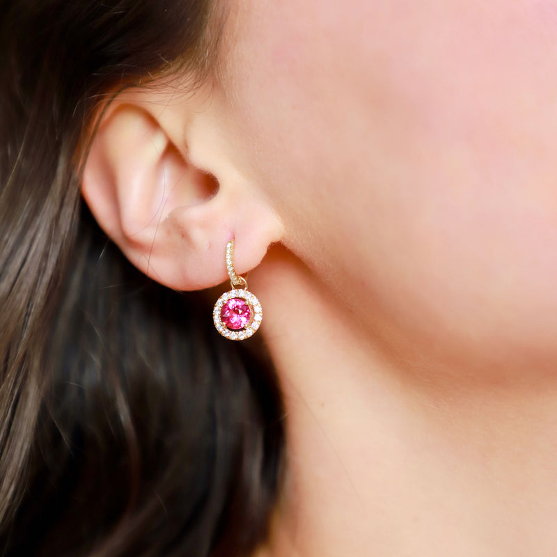 Rubellite Drops & Gold Huggie Hoops