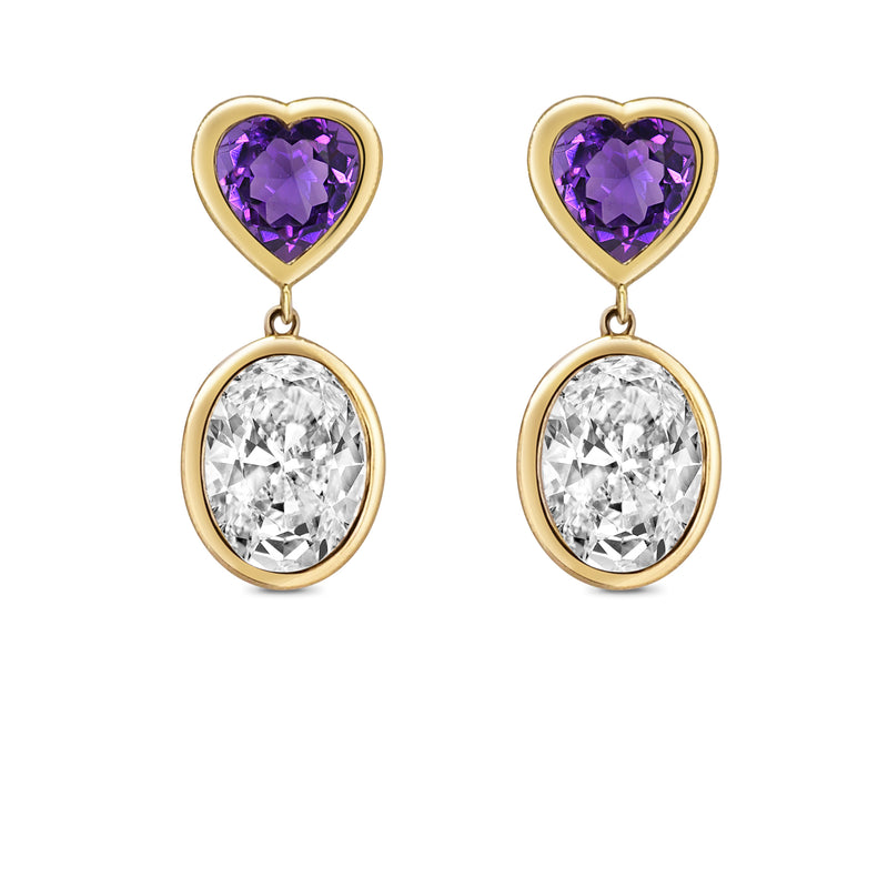 Heart Purple Amethyst & Oval White Topaz Cocktail Earrings