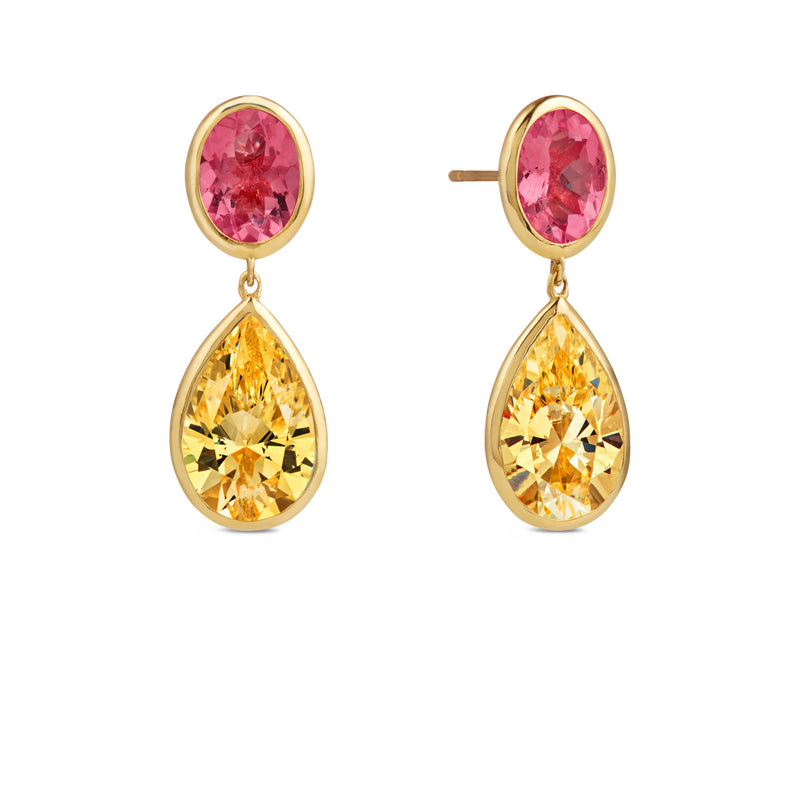 Oval Pink Tourmaline  & Pear Yellow Citrine Cocktail Earrings