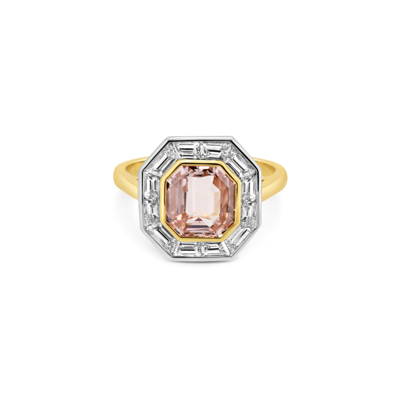 One-Of-A-Kind Octagonal Padparadscha & Baguette Diamond Ring