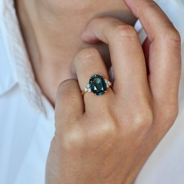 One-Of-A-Kind Oak Teal Sapphire & Diamond Trefoils Ring