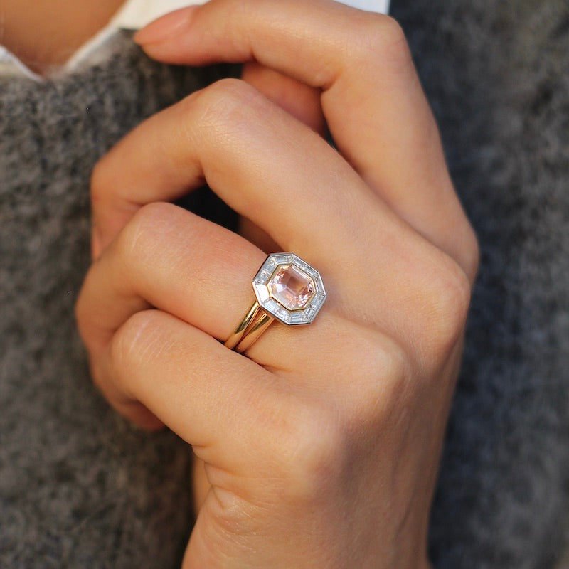 One-Of-A-Kind Padparadscha Octangonal & Diamond Baguette Ring